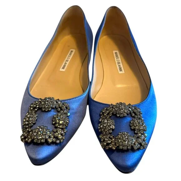 MANOLO BLAHNIK | Hangisi Crystal-Buckle Satin Flat 38.5 8.5 BLUE - Picture 6 of 16